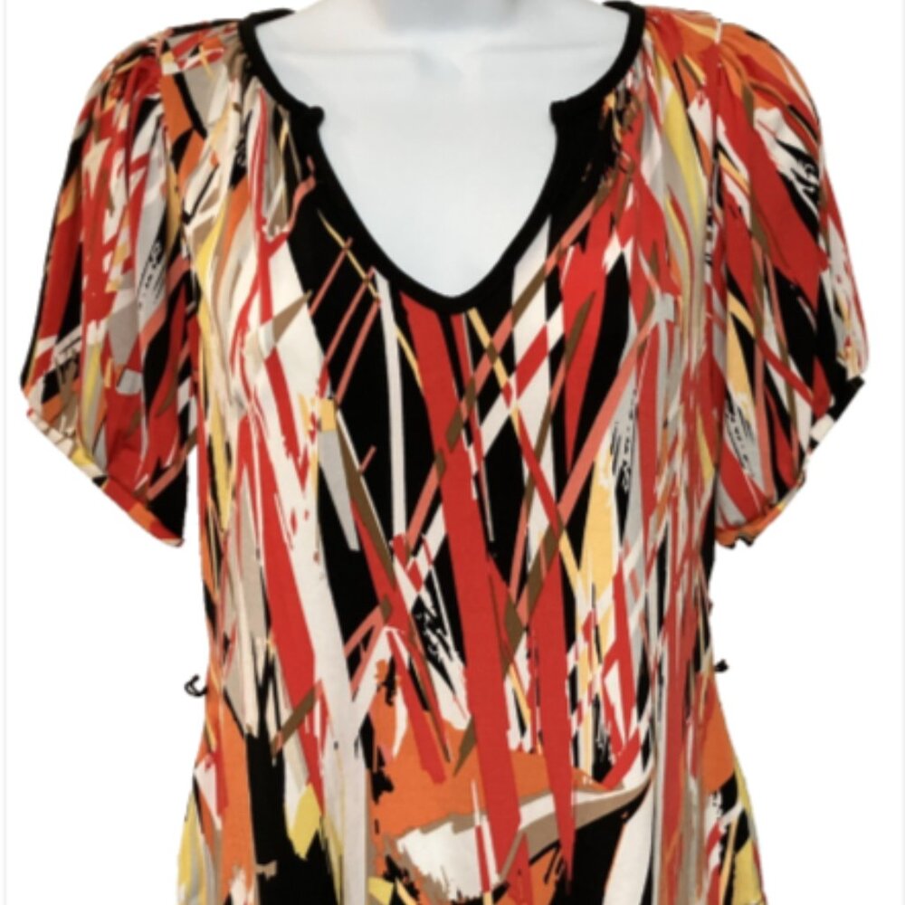 Worthington Ladies Petite Small Short Balloon Sleeve Multicolor V Neck Blouse